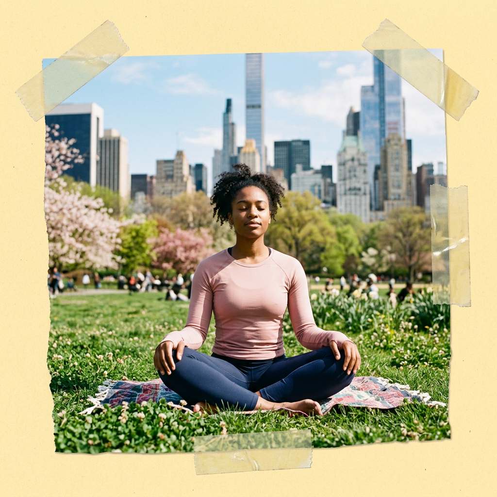young woman meditates in a park
